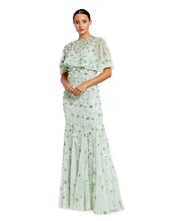 Mac Duggal Women's Embellished Illusion Cape Sleeve Trumpet Gown