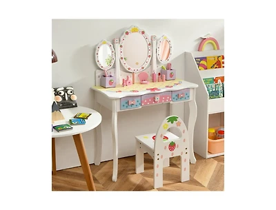Boyel Living Kids Vanity Princess Makeup Dressing Table Chair Set with Tri-fold Mirror, White