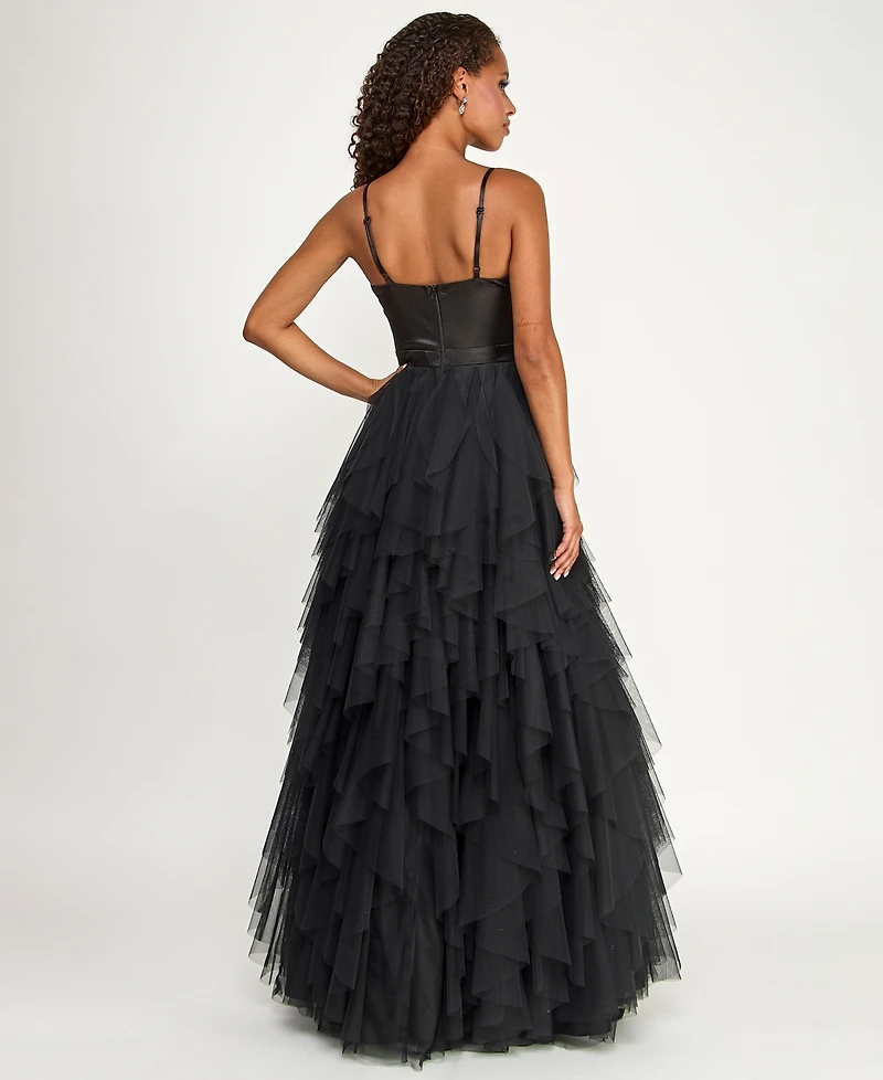 City Studios Juniors' Sweetheart-Neck Ruffled Cascade Gown