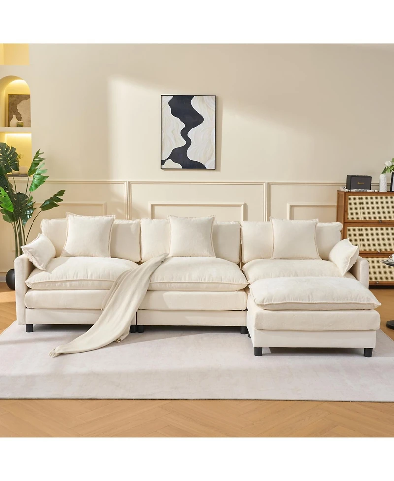 Streamdale Furniture Modern L-Shaped Cloud Couch with Ottoman, 4-Seat Chenille Sectional Sofa