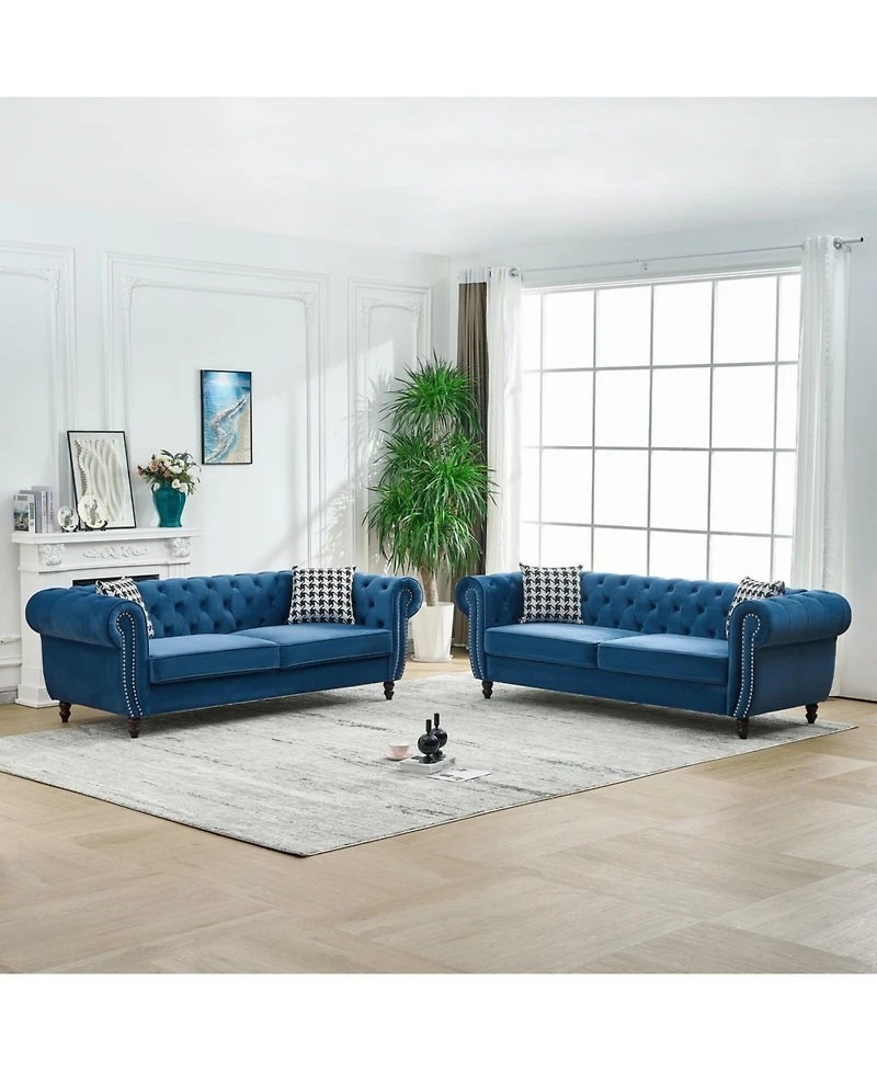 Streamdale Furniture Streamdale 3+3 Seater Blue Velvet Chesterfield Sofa with Roll Armrest & Nailhead