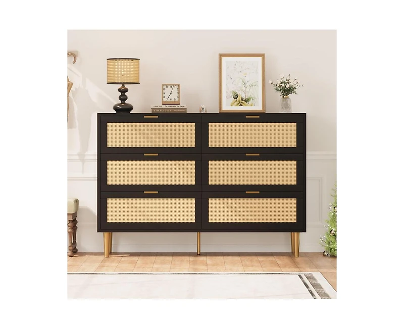 Gaomon Wooden Natural Rattan 6 Drawer Dresser for Bedroom