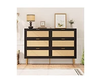 Gaomon Wooden Natural Rattan 6 Drawer Dresser for Bedroom