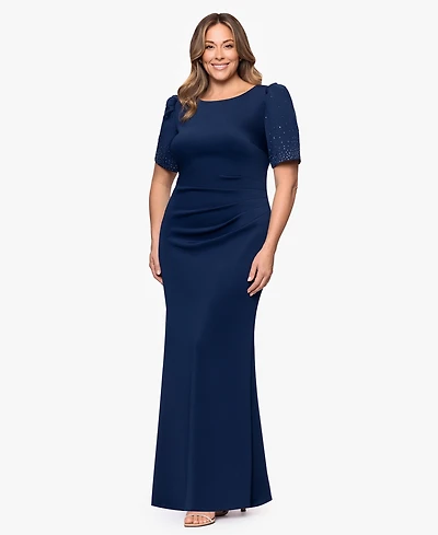 Xscape Plus Pleated-Waist Studded-Sleeve Gown