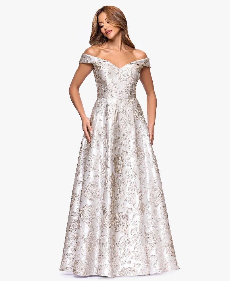 Xscape Petite Brocade Sweetheart Off-The-Shoulder Long Gown