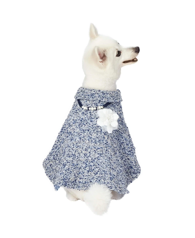 Blueberry Pet Marled Tweed Dog Poncho with Handmade Flower Accessory and Pearl Necklace Warm Tone 10"