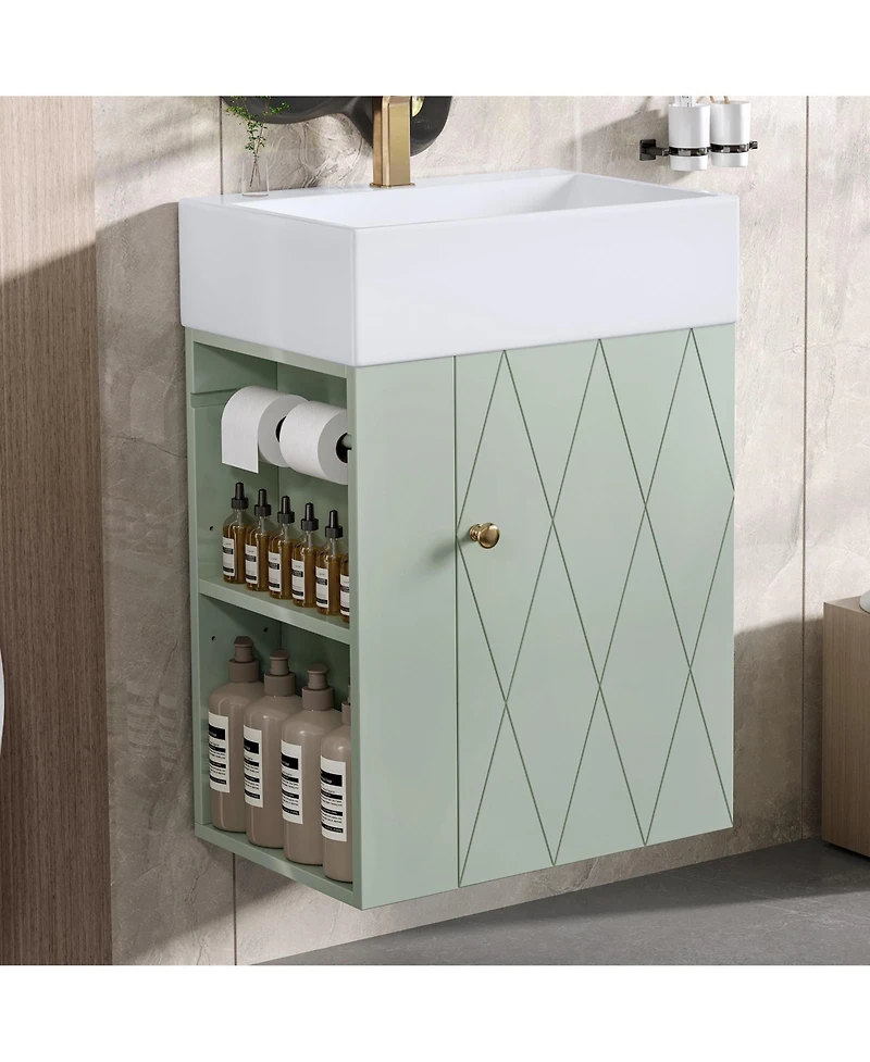 Casainc Bathroom Vanity with Ceramic Sink Diamond Pattern Door and Gold Handle