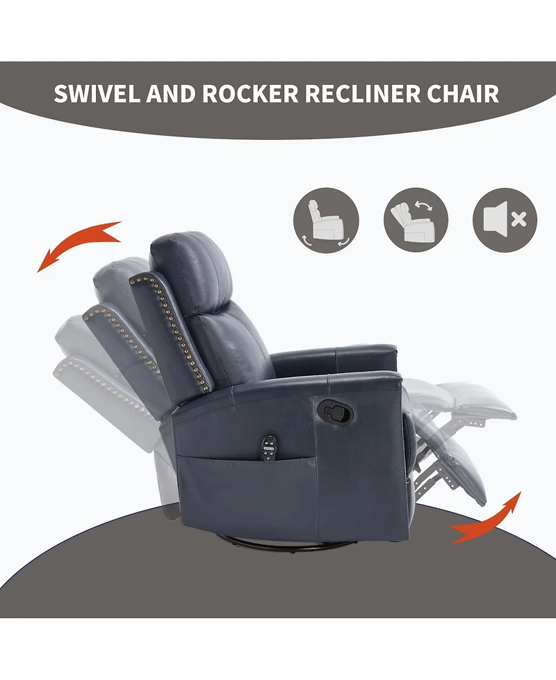 Casainc Genuine Leather Heat Massage Manual Recliner Chair with Rocker and Swivel