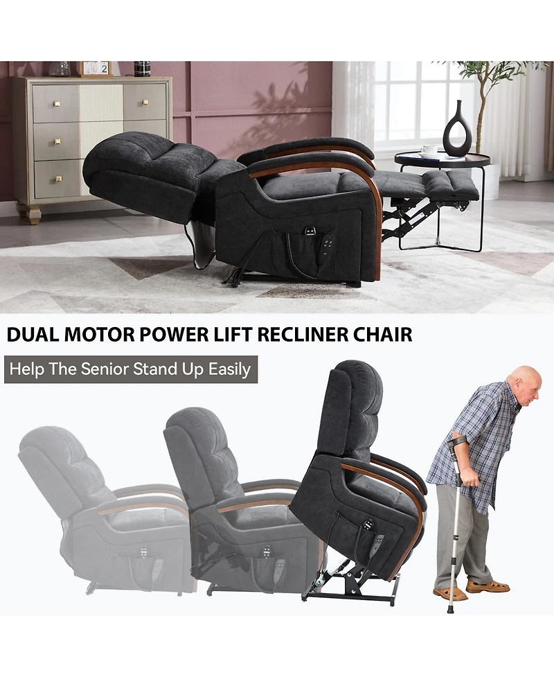 Power Chenille Lift Recliner Chair Dual Motor Infinite Position Up to 350 Lbs with Solid Wood Armrests, Heat Massage and Heavy Duty Motion Mechanism