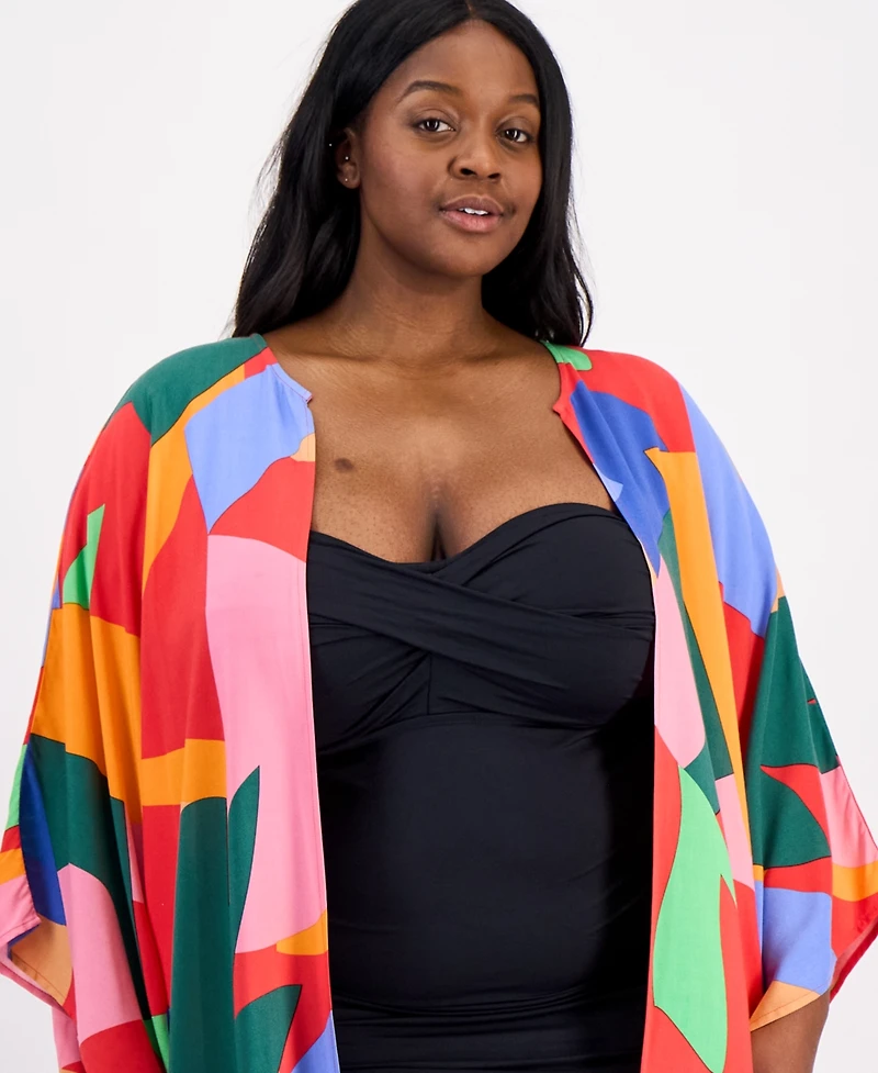 Raviya Plus Printed Open-Front Kimono Cover-Up