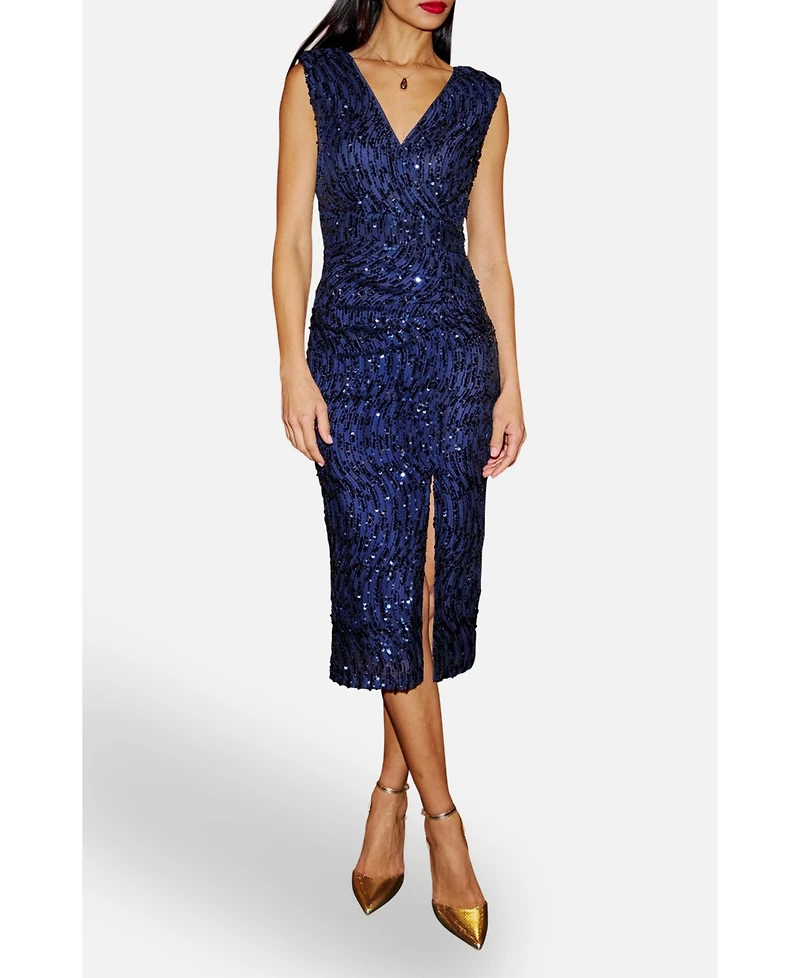 Yumi Women's Sequin Fitted Wrap Dress With Split Hem