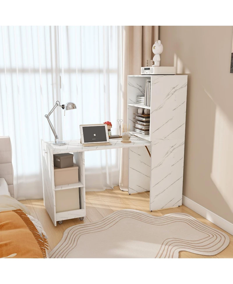 Streamdale Stretchable desk with storage shelves and wheels, foldable, white marble