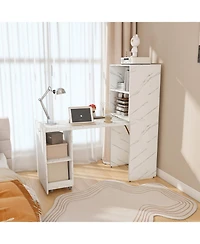 Streamdale Stretchable desk with storage shelves and wheels, foldable, white marble