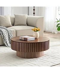 Streamdale 31.49" Round Coffee Table with Storage, Modern Walnut Pedestal Table