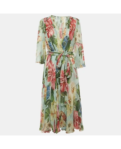Pre-Owned Dolce & Gabbana Women's Green Floral Print Midi Wrap Dress