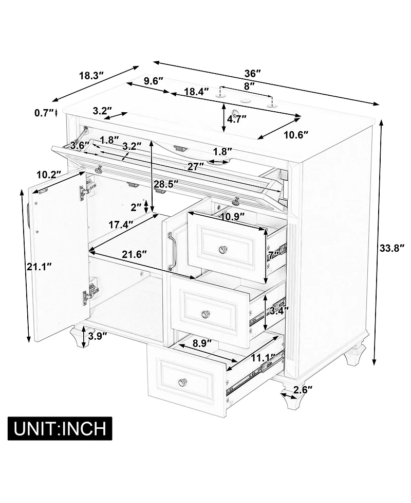 Casainc Solid Wood Vanity with Sink 3 Drawers 2 Doors Flip Drawer