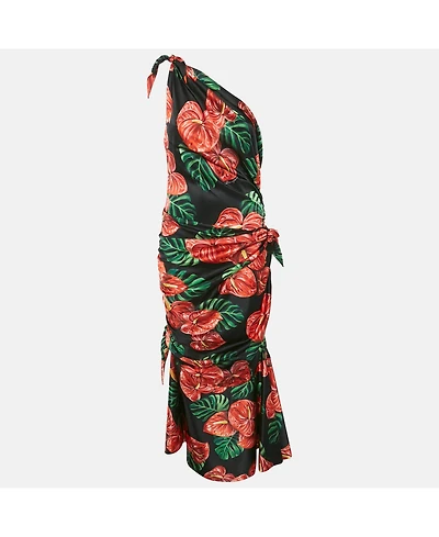 Pre-Owned Dolce & Gabbana Women's Black Printed Satin Silk One-Shoulder Tie-Up Detail Midi Dress