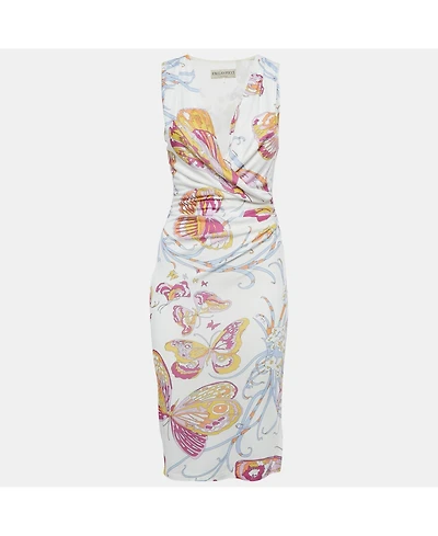 Pre-Owned Emilio Pucci Women's White Printed Jersey Draped Sleeveless Midi Dress