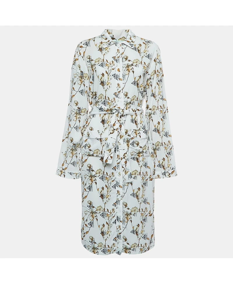 Pre-Owned Off-White Women's White Floral Logo Print Crepe Belted Midi Shirt Dress