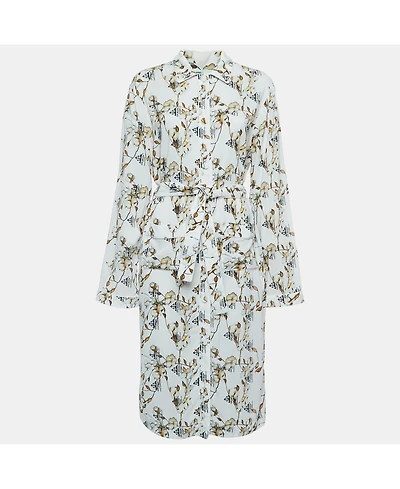Pre-Owned Off-White Women's White Floral Logo Print Crepe Belted Midi Shirt Dress