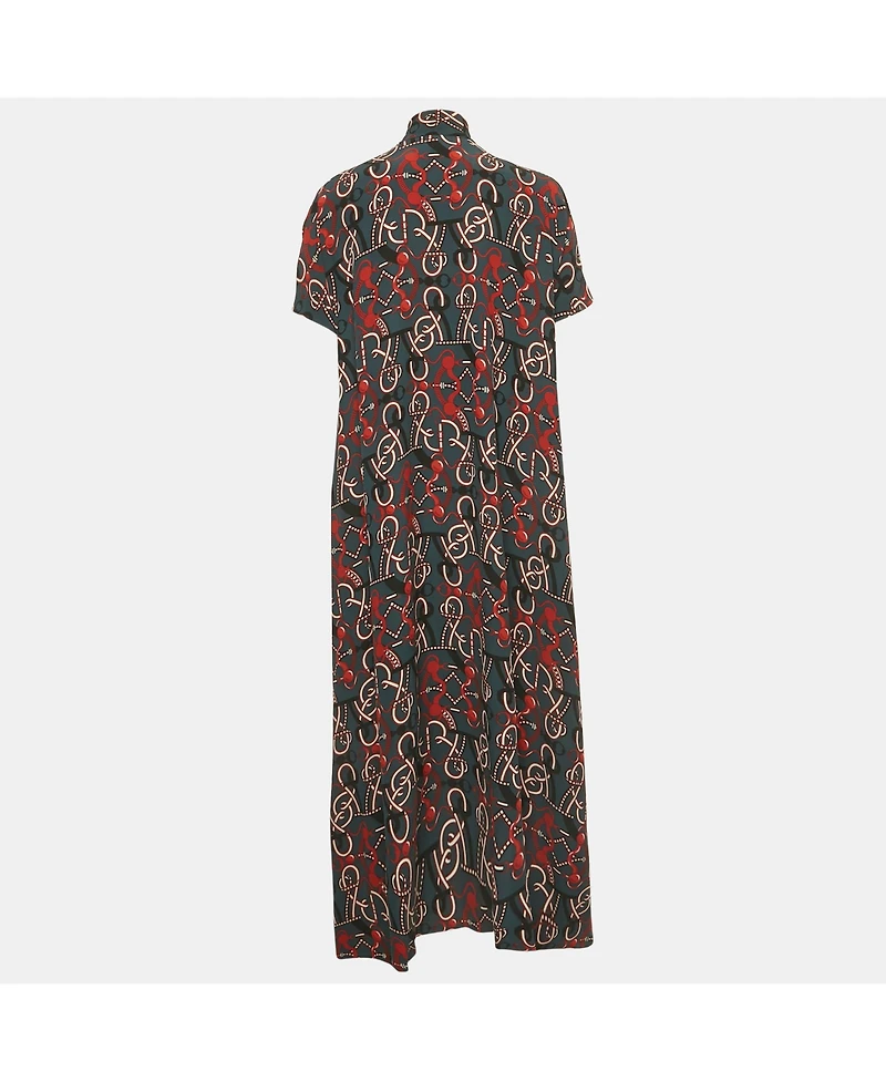Pre-Owned Hermes Women's Grey Printed Silk Neck Tie Midi Dress