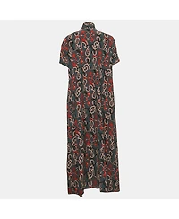Pre-Owned Hermes Women's Grey Printed Silk Neck Tie Midi Dress