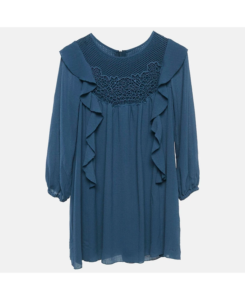 Pre-Owned Chloe Women's Blue Crepe Ruffled Lace Overlay Detail Dress
