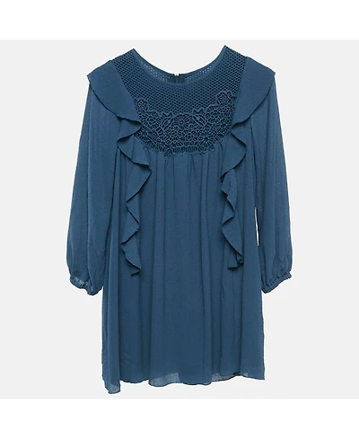 Pre-Owned Chloe Women's Blue Crepe Ruffled Lace Overlay Detail Dress