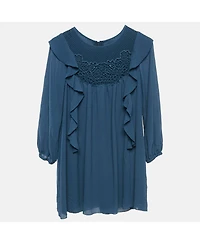 Pre-Owned Chloe Women's Blue Crepe Ruffled Lace Overlay Detail Dress