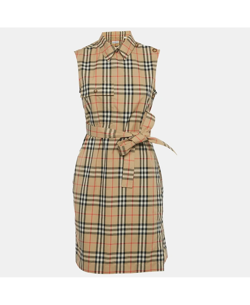 Pre-Owned Burberry Women's Beige Vintage Check Print Cotton Wrap Around Mini Dress
