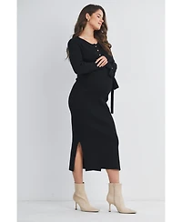 Hello Miz Maternity Ribbed Button Down Waist Tie Midi Nursing Dress - Black