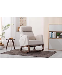 Flynama Beige Linen Rocking Recliner Chair – Modern Home Furniture with Wood Legs, Side Pocket & High Back