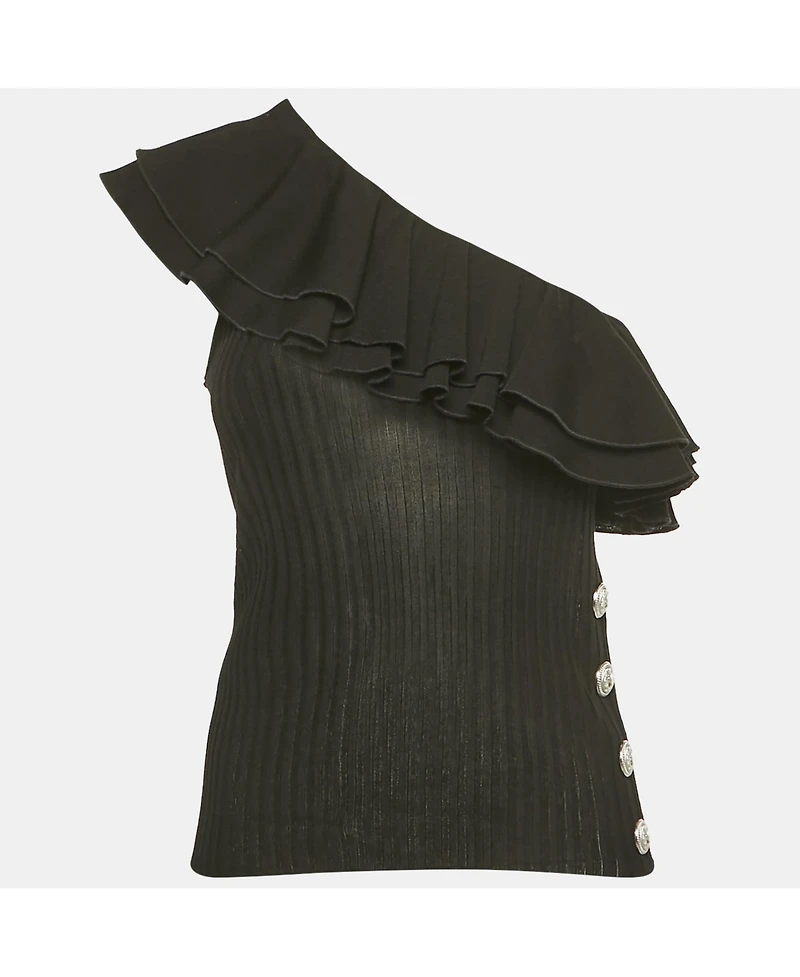 Pre-Owned Balmain Women's Black Rib Knit Ruffled One Shoulder Top