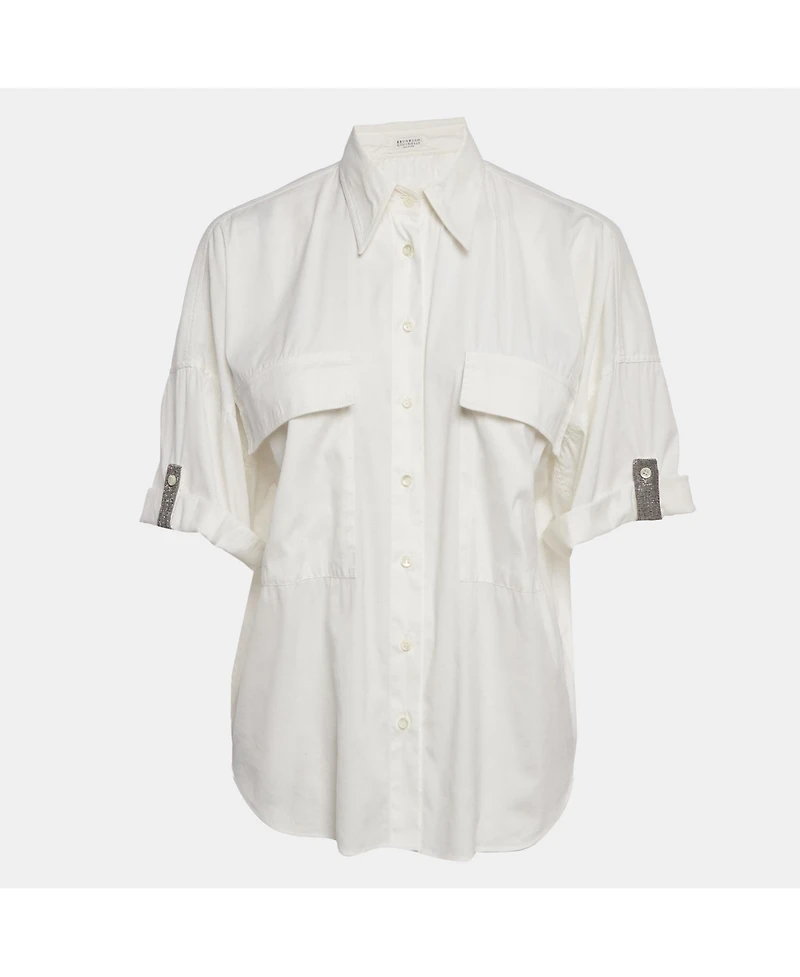 Pre-Owned Brunello Cucinelli Women's Cotton Blend Embellished Trim Short Sleeve Shirt