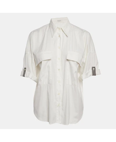 Pre-Owned Brunello Cucinelli Women's Cotton Blend Embellished Trim Short Sleeve Shirt