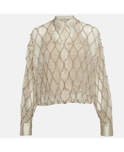 Pre-Owned Brunello Cucinelli Women's Beige Argyle Sequined Silk Shirt