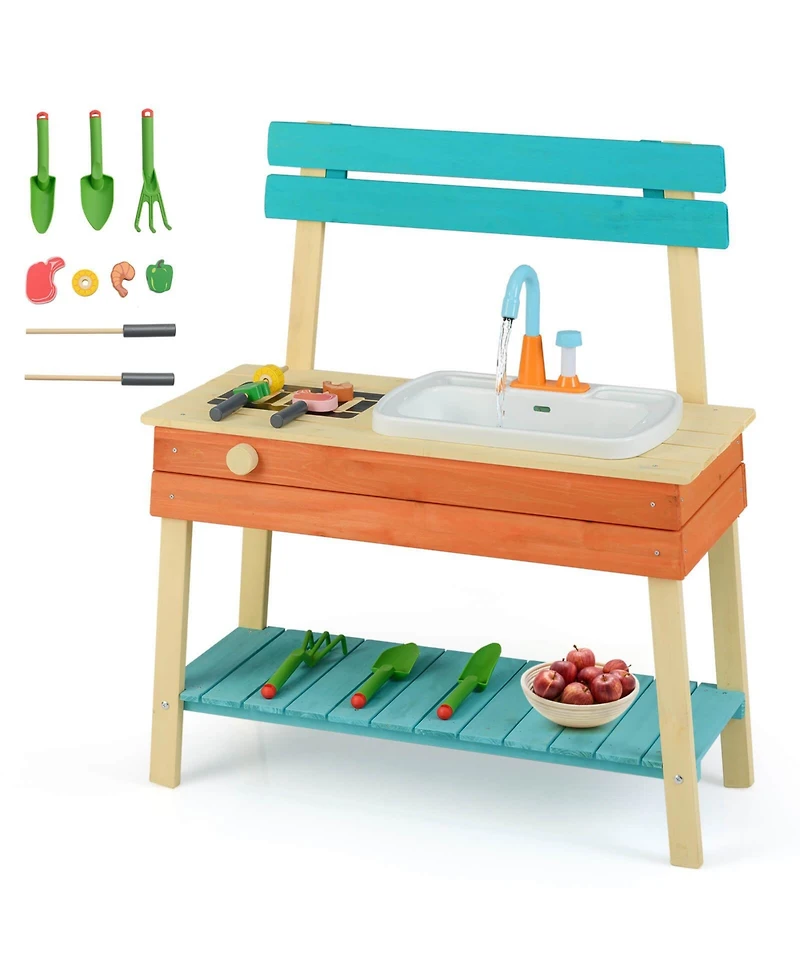 Costway Play Kitchen for Kids Wooden Toy Kitchen Playset with Wood Skewers Grill Rack