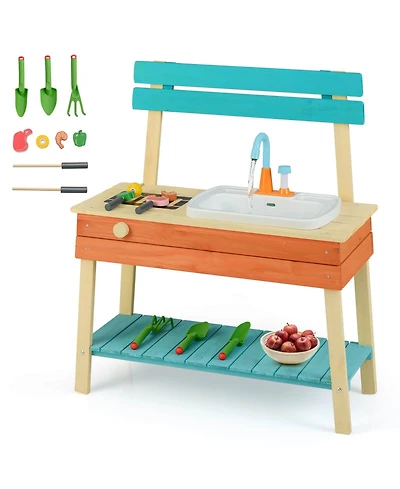 Costway Play Kitchen for Kids Wooden Toy Kitchen Playset with Wood Skewers Grill Rack