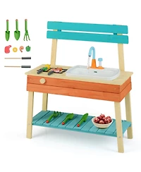 Costway Play Kitchen for Kids Wooden Toy Kitchen Playset with Wood Skewers Grill Rack