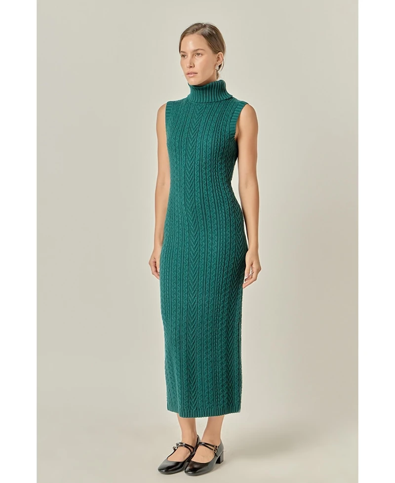 English Factory Women's Cable Knit Mock Neck Midi Dress
