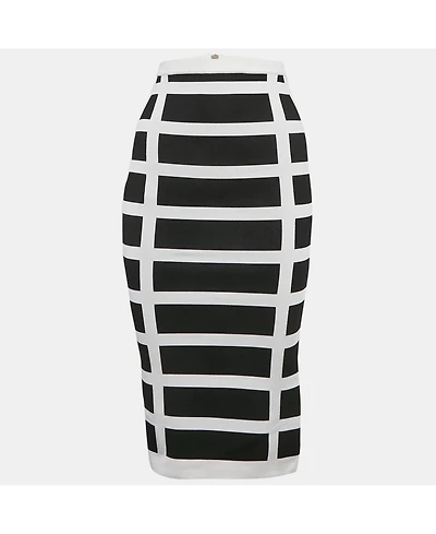 Pre-Owned Balmain Women's White/black Intarsia Knit Zip-Up Pencil Midi Skirt