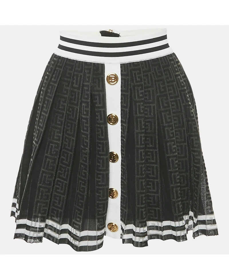Pre-Owned Balmain Women's Black Monogram Mesh Pleated Mini Skirt