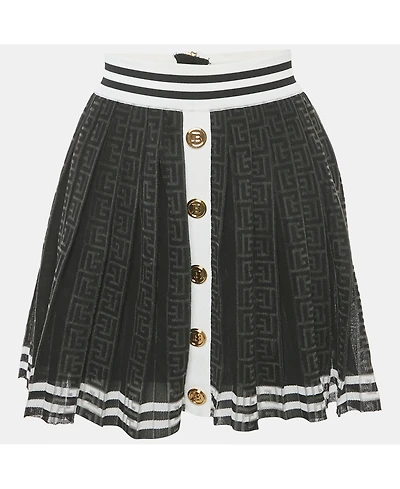 Pre-Owned Balmain Women's Black Monogram Mesh Pleated Mini Skirt