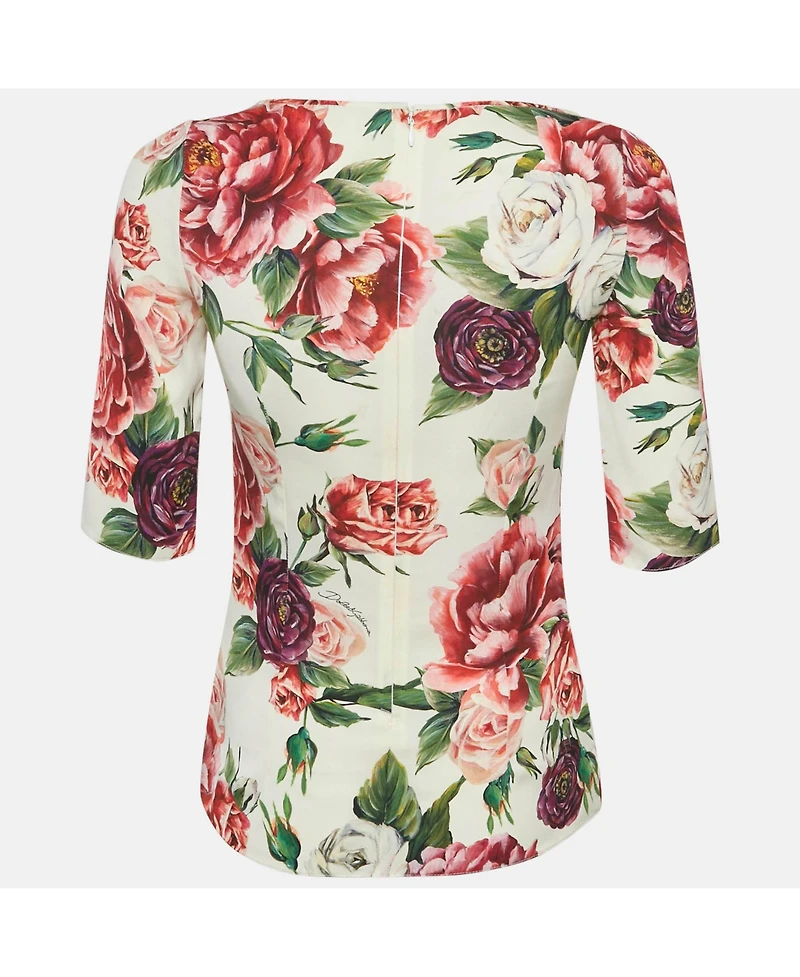 Pre-Owned Dolce & Gabbana Women's White Floral Printed Silk Satin Top
