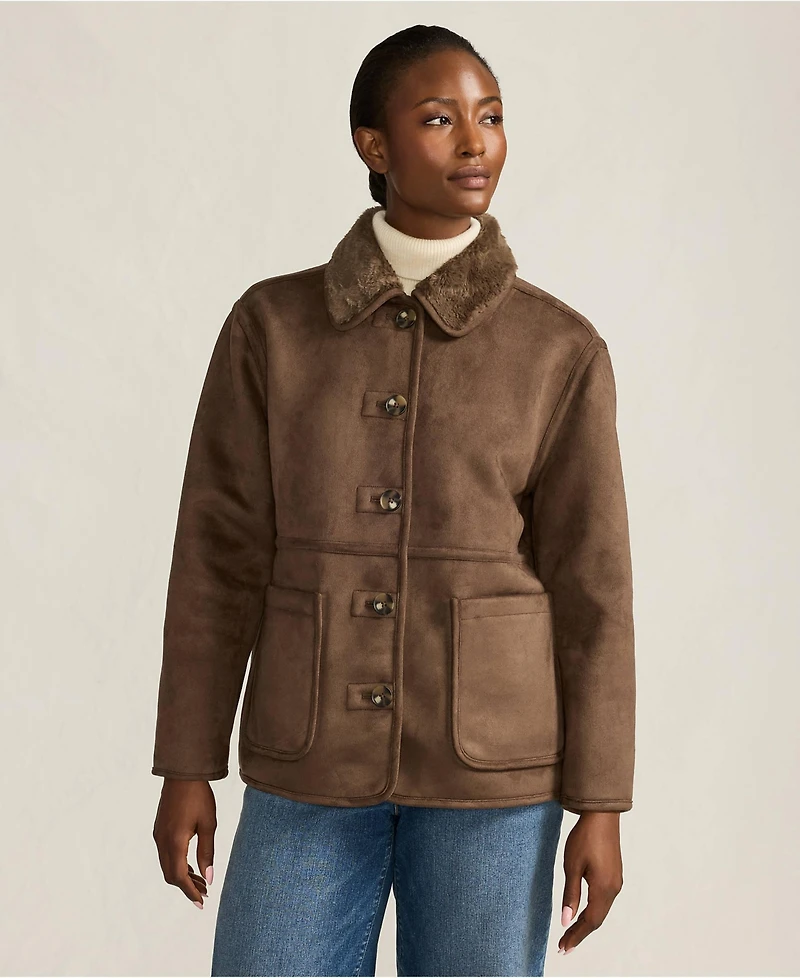 Lands' End Women's Reversible Shearling Fleece Button Front Coat