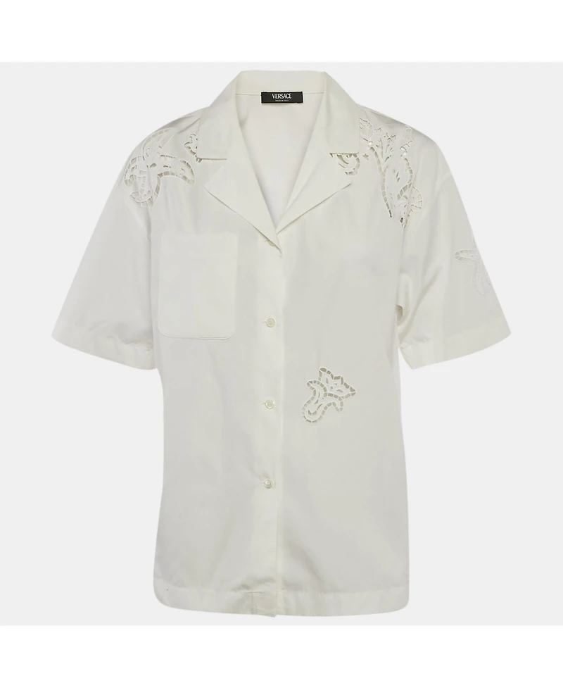 Pre-Owned Versace Women's White Cotton Poplin Short Sleeve Sangallo Shirt