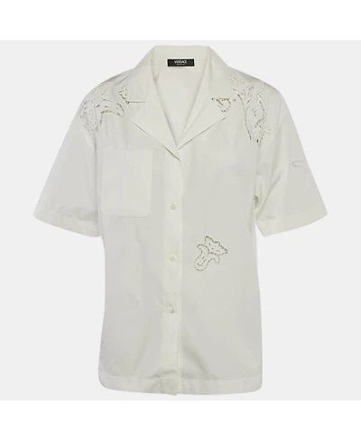 Pre-Owned Versace Women's White Cotton Poplin Short Sleeve Sangallo Shirt