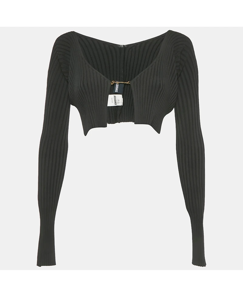 Pre-Owned Jacquemus Women's Black Rib Knit Logo Detail Crop Cardigan