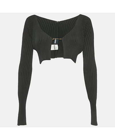 Pre-Owned Jacquemus Women's Black Rib Knit Logo Detail Crop Cardigan