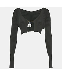 Pre-Owned Jacquemus Women's Black Rib Knit Logo Detail Crop Cardigan